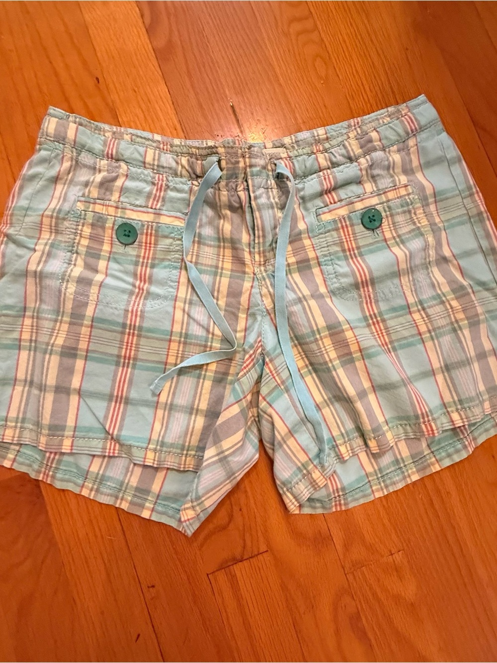 GAP Women's Plaid Drawstring Shorts in Light Blue Multi